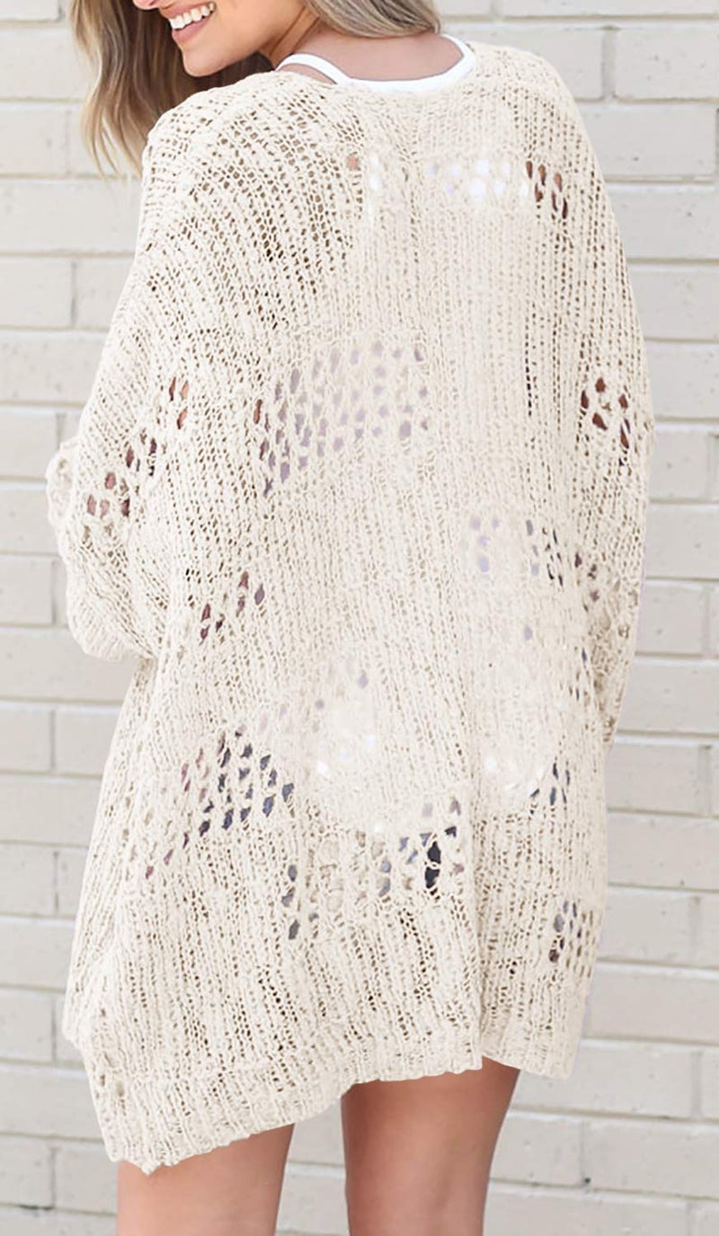 Ermonn Womens Crochet Cardigan Sweater Kimonos Boho Solid Color Oversized Fall Open Front Outwear - Image 3